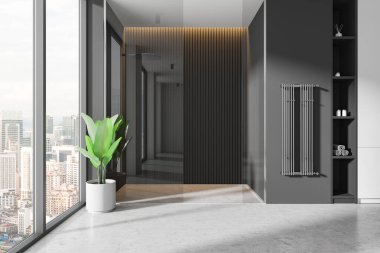 Büyük cam bir pencere, yeşil saksı bitkisi, parlak gri duvarlar ve organize bir rafa sahip modern iç mimari. Minimalist yaşam kavramı. 3B Hazırlama.