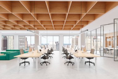 Çalışma istasyonları, parlak iç mekanı, ahşap tavan, cam duvarlar, panoramik pencereler, şehir manzarası, modern çalışma konsepti olan açık bir uzay ofisi. 3B Hazırlama.