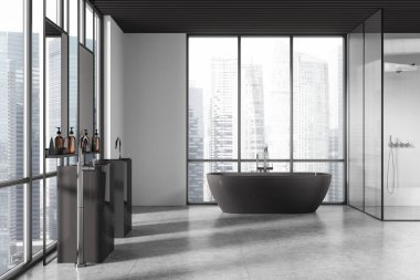 Lüks banyo, serbest küvet, gösteriş, ve şehir silueti geniş cam pencerelerden geçerek, gösterişli, modern bir tasarıma sahip. 3B Hazırlama.