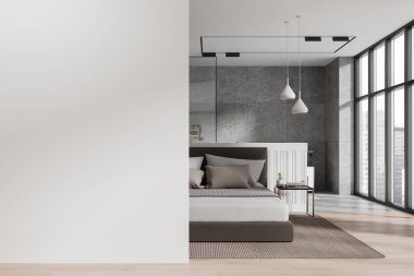 Minimalist yatak odası, modern bir yatağın, şık bir dekorun ve büyük pencerelerin yanında boş beyaz bir duvar. İç tasarım kavramı. 3B Hazırlama.