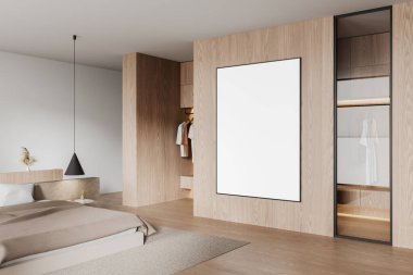 Modern yatak odasının tahta panelli duvarında yumuşak bej renkleri, minimalist mobilyaları ve gardırobu olan boş bir poster. İç tasarım görüntüsü kavramı. 3B Hazırlama.
