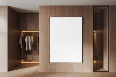 Boş çerçeveli poster modeli ahşap bir duvarda, şık bir gardırop, aydınlatılmış minimalist iç mekan, tasarım şablonu konsepti. 3B Hazırlama.