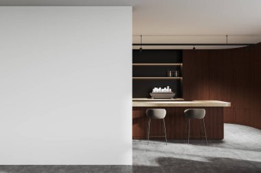 Modern iç mimari, ahşap bir tezgahın yanında beyaz bir duvar modeli, temiz çizgiler, nötr tonlar ve geniş bir düzen, minimalizm kavramı. 3B Hazırlama.