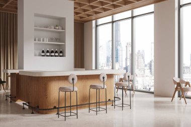 Ahşap tezgahlı modern bar, minimalist tabureler, açık raflar, geniş pencereler, ve şehir manzarası, tarafsız tonlar, çağdaş konsept, 3D oluşturma