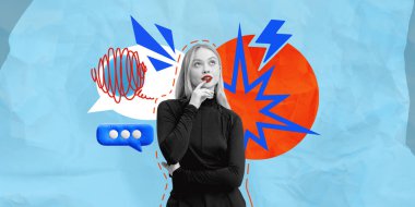 Buruşuk mavi bir arka planda, soyut renkli şekiller, konuşma baloncukları ve yıldırımlarla çevrili, elleri çene üzerinde düşünen bir kadın.