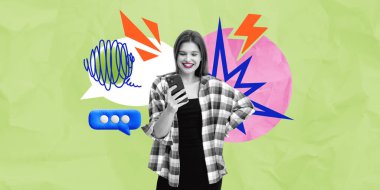 Akıllı telefon tutan, gülümseyen, soyut konuşma baloncuklarıyla çevrili, buruşuk yeşil arka planda renkli grafikler olan bir kadın. İletişim kavramı