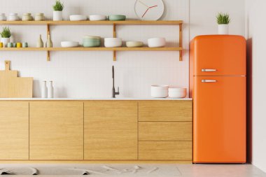 Minimalist mutfak, ahşap dolaplar, açık raflar, beyaz arka plan, ve turuncu retro buzdolabı. Parlak, modern iç tasarım konsepti. 3B Hazırlama.