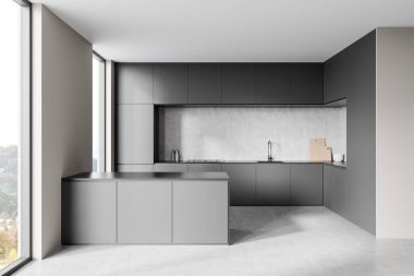 Gösterişli dolapları olan şık gri mutfak, beton arka kaplama ve geniş pencerelerden gelen doğal ışıkla donatılmış modern eşyalar. 3B görüntüleme