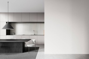 Minimalist mutfak tasarımı, ahşap masa, beyaz sandalyeler, ve kolye lambası, sağda temiz boş bir duvar var. 3B Hazırlama, Model Konsepti