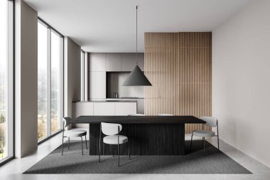 Minimalist mutfak dayanıklı, gri sandalyeler, tahta paneller ve parlak doğal ışıklandırmada kolye ışığı. Şık, çağdaş tasarım. 3B Hazırlama