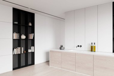 Modern dolabı, açık rafı ve hafif ahşap döşemesi olan minimalist mutfak, basitlik ve işlevselliği vurguluyor. İç tasarım konsepti. 3B Hazırlama.