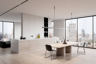 Ahşap dolapları, yemek masası ve geniş pencereli ve şehir manzaralı geniş, parlak bir odada sandalyeleri olan çağdaş bir mutfak. 3B Hazırlama