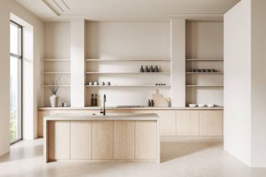 Ahşap dolaplı modern mutfak, açık raflar, nötr tonlar ve büyük pencereler, temiz ve minimalist bir tasarım konsepti içeriyor. 3B Hazırlama.