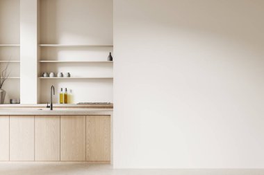 Minimalist mutfak, ahşap dolaplar, açık raflar, ve tarafsız arka planda boş beyaz duvarın yanında batmak. Modern iç mimari kavramı. 3B Hazırlama.