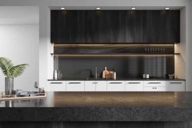 Gösterişli mutfak vitrinleri temiz ve beyaz dolaplar, modern ışıklandırma, ahşap aksanlar, ve minimalist dekorlar parlak bir tezgahta, nötr bir arka planda. Mutfak tasarımı kavramı. 3B Hazırlama