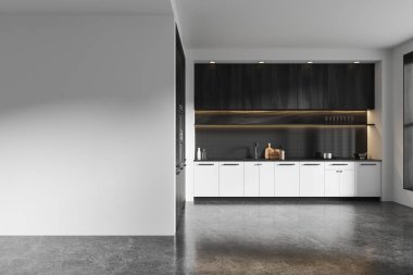 Modern mutfak içi beyaz dolaplar, aksanlar, minimalist stil, bitişik boş duvar, cilalanmış beton döşeme, modelleme için mükemmel. 3B Hazırlama.