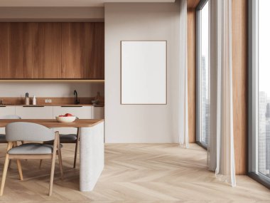 Modern mutfak duvarında boş bir poster, ahşap dolaplar, yemek odası, şehir manzaralı büyük pencereler, tarafsız tonlar, iç dizayn konsepti. 3B Hazırlama.