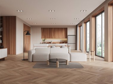 Açık planlı, bej mobilyalı, ahşap döşemeli ve arka planda mutfak olan modern oturma odası. Parlak tonlar ve doğal ışık. Samimi bir konsept. 3B Hazırlama.