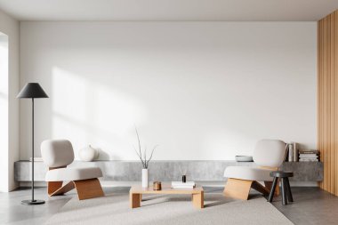 Modern mobilyaların, ahşap ve nötr tonların, hafif arka planda doğal ışıklandırmayla, basitlik kavramının yer aldığı rahat minimalist oturma odası. 3B Hazırlama.