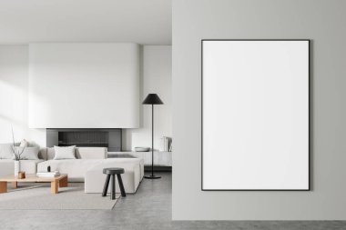 Minimalist oturma odasındaki ışık duvarında boş dikey tuval posteri, rahat mobilya düzenlemesi, nötr tonlar, ev dekorasyonu konsepti. 3B Hazırlama.