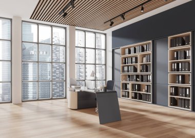 Ofis içi panoramik pencereler ve şehir manzarası, modern masa ve sandalye, ahşap zemin, ışık dekoru, organize raflar, minimalist konsept, 3D oluşturma