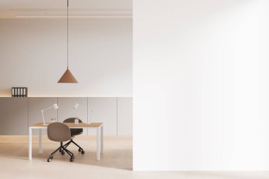 Minimalist ofis, ahşap bir masa, sandalyeler ve lambalar. Model düzeni için boş beyaz duvar. Çalışma alanı tasarımı kavramı. 3B Hazırlama