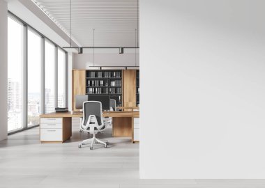 Ahşap masalar, beyaz sandalyeler, kitaplıklar, büyük pencereler ve tarafsız tonlarla minimalist modern ofis içi. Uzay odası konsepti. 3B Hazırlama.