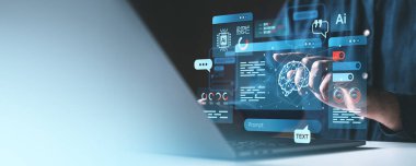 Teknoloji temalı bir arka plan, yenilik kavramı üzerine bir el etkileşimi içeren veri ve analizleri gösteren fütürist holografik yapay zeka arayüzü