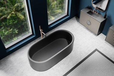 Oval serbest banyo küveti, geniş pencereler yemyeşil, minimalist dekor, modern lüks konsept, 3D canlandırma.