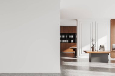 Sol tarafında, modern mobilyaların, ahşap aksanların ve doğal ışığın yer aldığı bir ofis iç mimarisi olan minimalist boş duvar modeli. 3B Hazırlama.