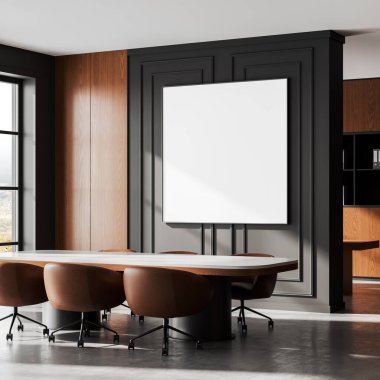 Kahverengi sandalyeli, tahta ve duvar panelli modern ofis toplantı odasında boş bir poster ve büyük pencereli doğal ışık. Şablon konsepti. 3B Hazırlama.