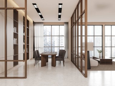 Ahşap bir masa, sandalyeler, cam bölme ve kitap raflarının yer aldığı lüks ofis iç mimarisi, parlak bir şehir manzarasına karşı hazırlanıyor. Şık tasarım. 3B Hazırlama.