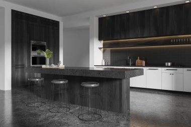 Karanlık dolapların sergilendiği çağdaş bir mutfak, taştan bir tezgah ve hafif ışıklandırmayla aydınlatılmış minimalist bir dekor. 3B Hazırlama