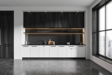 Şık mutfak, beyaz dolaplar, aydınlatma aksanları, fayanslı arka kaplama ve geniş pencere. Modern iç tasarım kavramı. 3B Hazırlama