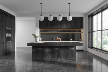 Çağdaş mutfak, karanlık dolaplar, tabureli parlak bir ada, kolye ışıkları ve temiz, minimalist bir iç mekâna kurulmuş büyük bir pencere. 3B Hazırlama.