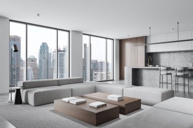 Gri kanepeleri, ahşap masaları ve modern bir mutfağı olan çağdaş oturma odası, şehir manzarasını gösteren büyük pencereler, kentsel yaşam konsepti, 3D canlandırma