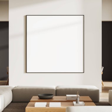 Modern bir oturma odasında beyaz bir duvarda boş kare tuval, yumuşak bej mobilyalar, ahşap sehpa, minimalist dekor konsepti, 3D canlandırma