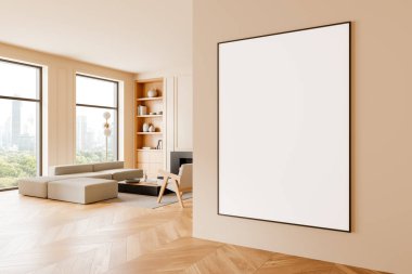 Modern bir oturma odasında bej rengi bir duvarda çerçevelenmiş boş tuval, ahşap döşeme, büyük pencereler ve minimalist dekor, tasarım konsepti. 3B Hazırlama.