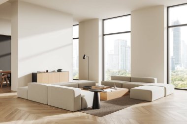 Modüler bej koltukları, ahşap döşemeleri ve şık dekorları olan parlak oturma odası. Şehir manzaralı geniş pencereleri var. 3B Yapılandırma, modern iç mimari