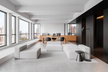 Minimalist mobilyaları olan, geniş bir modern ofis tasarımı, açık bir düzen, şehir manzarası olan geniş pencereler, ve şık bir nötr tasarım. 3B Hazırlama.