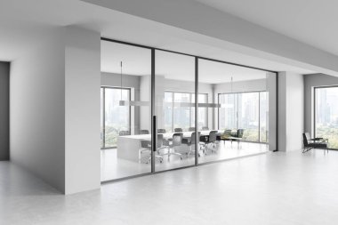 Boş modern ofis, cam duvarlar, açık alan, ve parlak minimalist tasarım. Panoramik pencereler şehir manzarası sergiliyor. İş konsepti. 3B Hazırlama.