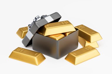 Parlak altın külçelerle dolu bir hediye kutusu. Ek altın külçelerle çevrili. Beyaz bir arka plana yerleştirilmiş. Zenginlik ve lüks kavramı. 3B Hazırlama.