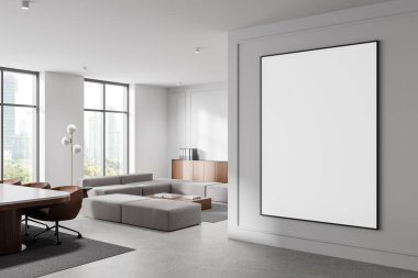 Kanepe, masa, sandalye, aydınlık duvarlar, büyük pencereler ve şehir manzaralı modern bir ofis içinde boş bir poster modeli. 3B görüntüleme