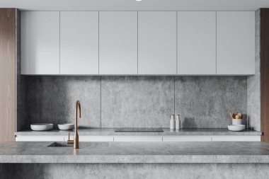 Parlak mutfak tasarımı, beyaz dolap, pirinç musluk, beton tezgah ve arka plan, nötr arka plan. Modern iç mekan kavramı. 3B Hazırlama.