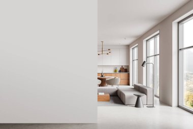 Solda yarı boş duvar modeli, modern mutfak ve oturma odası büyük pencereler ve sağda rahat mobilyalar. Parlak, temiz bir tasarım. 3B Hazırlama.