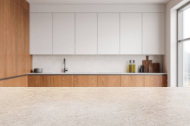 Ahşap dolapları, beyaz dolapları ve bulanık arka planı olan modern bir mutfakta nötr tezgah yüzeyi. İç tasarım ve ürün gösterimi kavramı. 3B Hazırlama.