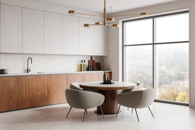 Minimalist mutfak, ahşap alt dolaplar, beyaz üst dolaplar, şık yemek masası, sandalyeler, büyük pencere ve manzaralı manzara. Modern tasarım kavramı. 3B Hazırlama.