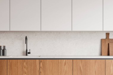Minimalist modern mutfak içinde beyaz dolaplar, hafif ahşap temel dolaplar, parlak bir musluk ve nötr bir arka plan var. Ev dekoru kavramı. 3B Hazırlama.