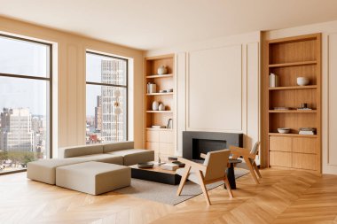 İçinde bej mobilyalar, ahşap kitaplıklar, şehir manzaralı büyük pencereler ve minimalistlerin şöminesi olan şık bir oturma odası, rahat iç mekan konsepti. 3B Hazırlama.