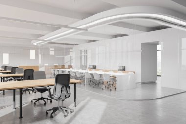 Modern mobilyalar, cam bölmeler ve doğal ışık ile ofis içi açık. Parlak zeminde minimalist tasarım. İş birliği kavramı. 3B Hazırlama.